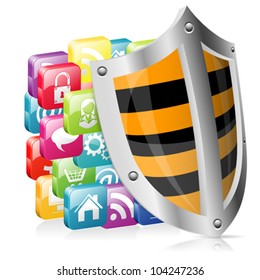 Business concept - Shield Protects Application Icons, vector illustration