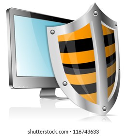 Business concept - Shield protects Computer Monitor, vector illustration