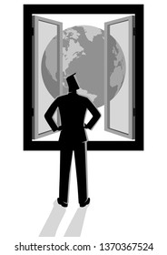 Business concept simple flat vector illustration of businessman looking through window with world view