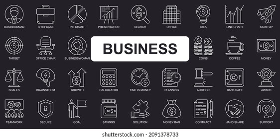 Business concept simple line icons set. Bundle of businessman, briefcase, presentation, startup, target, businesswoman, goal and other. Vector pack outline symbols for website or mobile app design