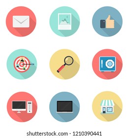 Business concept simple modern flat icons vector collection with long shadow effect in stylish colors of web design objects, business,media, office and marketing items. Isolated on white background