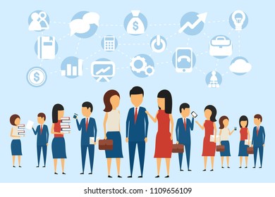Business concept. In a simple style. Communication and interaction in business circles. Business icons. In flat blue on blue background.