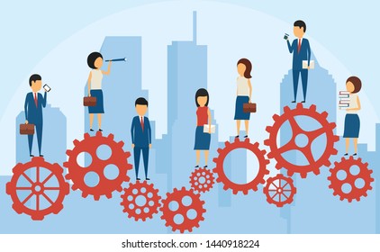 Business concept. In a simple style. Communication of business, teamwork in a big city. Flat style on white background.