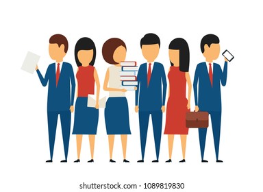 Business concept. In a simple style. A group of businessmen, men and women, standing next to each other. Flat style on white background.