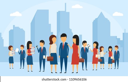 Business concept. In a simple style. Interaction of businessmen in the big city. People on the background of the city. In flat style on blue background.
