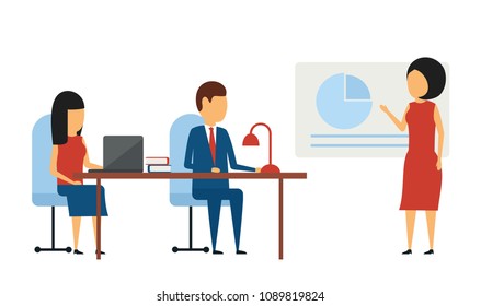 Business concept. In a simple style. Presentation of the business project. Consideration and resolution of business issues. Flat style on white background.