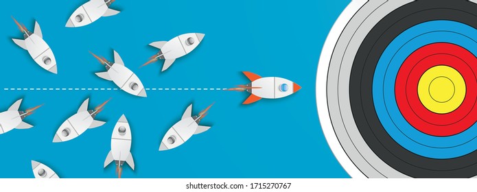 Business concept of the single-minded startup with a rocket and target on the blue background. Eps 10 vector file.