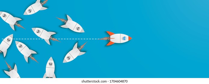 Business concept of the single-minded startup with rockets on the blue background. Eps 10 vector file.