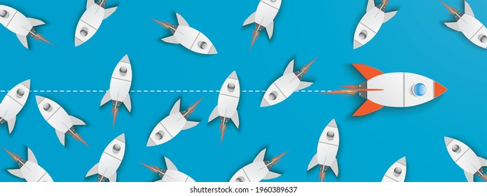 Business concept of the single-minded startup with rockets on the blue background. Eps 10 vector file.