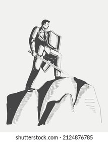 Business concept sketch of an optimistic businessman holding a sword and shield standing on top of a mountain,  preparation, protection, precaution in business concept
