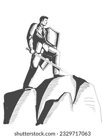 Business concept sketch of an optimistic businessman holding a sword and shield standing on top of a mountain,  preparation, protection, precaution in business concept