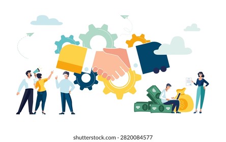 Business concept. Small people analyze financial market. Partnership, parties agreement, contract, handshake, signing documents, dollar funds calculation. Successful contract. Vector flat illustration
company, man, coworking, flyer, magazine achievement, clip art, info graphic, booklet, office, work, infographic, SEO, headline, computer abstract, access, backdrop, banner, client, cloud, cog, cogwheel, company, laptop, concept, connection, cooperation, development, gears,  
