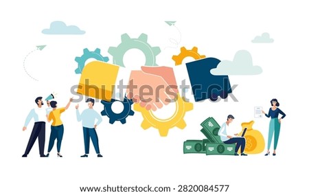 Business concept. Small people analyze financial market. Partnership, parties agreement, contract, handshake, signing documents, dollar funds calculation. Successful contract. Vector flat illustration
company, man, coworking, flyer, magazine achievement, clip art, info graphic, booklet, office, work, infographic, SEO, headline, computer abstract, access, backdrop, banner, client, cloud, cog, cogwheel, company, laptop, concept, connection, cooperation, development, gears,  
