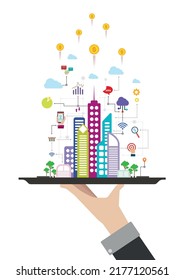 Business concept smart city and wireless communication network. Modern flat design style vector illustration background.