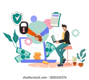 Business concept of smart contract and secure deal with businessman signing online agreement. Insurance of commercial online transactions and security guarantee, flat vector illustration.