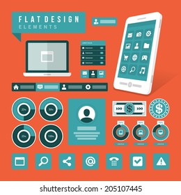 Business concept social media design elements. Flat design objects, icons and symbols for web banners and mobile phone applications. 