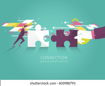 Business concept of solution, partnership, collaboration and support. Businessman and hand combine puzzle pieces. Vector flat illustration.