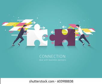 Business concept of solution, partnership, collaboration and support. Two Businessman combine puzzle pieces. Vector flat illustration.