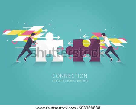 Business concept of solution, partnership, collaboration and support. Two Businessman combine puzzle pieces. Vector flat illustration.