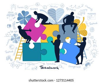 Business concept of solving cooperation, support and success in a common cause. Silhouettes of businessmen connecting puzzles. Vector flat illustration.