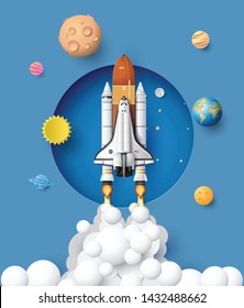 business concept space shuttle launch to the sky , Paper art and craft stlye.