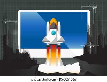 Business concept spaceship fly to the sky from computer among the cliff