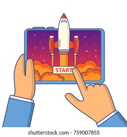 
Business concept start up of a rocket and launch of a mobile application.The spacecraft science flying up from the smartphone.The hand hold tablet and the finger touche screen and presses the button
