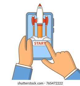 Business concept start up of a rocket and launch of a mobile application.The spacecraft science flying up from the smartphone.The hand hold tablet and the finger touche screen and presses the button