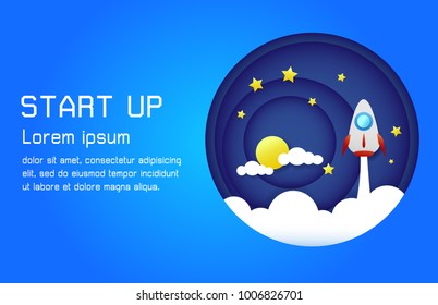 business concept of start up, rocket shuttle launch up to target. space for text. Vector art illustration, paper art style