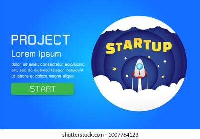 business concept of start up, rocket shuttle launch up to target. space for text. Vector art illustration, paper art style
