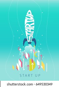 Business concept of Start up. Typography.  Rocket fly on blue background. Geometric style elements. Vector flat illustration.