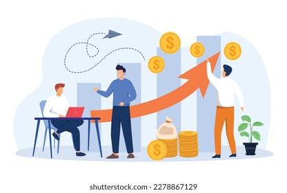 Business concept. Startup managers presenting and analyzing sales growth chart. Group of workers with heap of cash. Vector illustration.