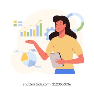 Business concept of statistical and data analysis for finance investment. Woman studying the infographic and graphs on the dashboard