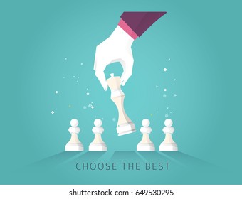 Business concept strategy. Leader hand choose the best strategic  way to move chess. Vector flat illustration.