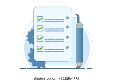 Concepto de negocio Estrategia de negocio con planificación de horarios y éxito. Planificación de tareas de trabajo, rellenando lista de comprobación. Estrategia. Ilustración vectorial plana sobre fondo.