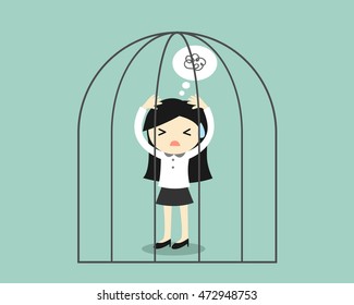 Business concept, Stressed business woman in the jail. Vector illustration.