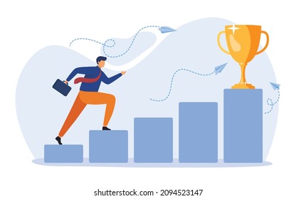 Business concept of success. Businessman run to their goal on the column of columns. Moves up steps to the target's achievement. Vector Illustration.