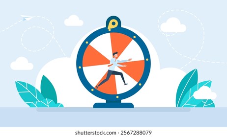 Business concept, success, competition, man running on wheel. A businessman hopes for luck. Running in the wheel of fortune. Business wheel, person run, hamster race metaphor. Vector Illustration