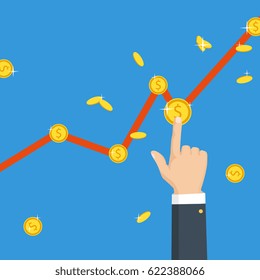 Business concept of success. Vector. The graph goes up. The finger selects the money. 