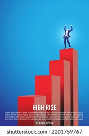 business concept of successful mission, accomplished goal. winner finance strategy.
growth rise high, achived target and completed task. business man standing on the top of graph, vector illustration.