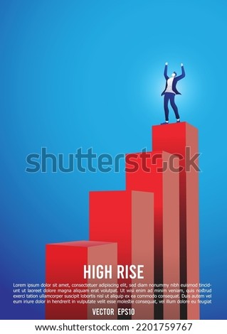 business concept of successful mission, accomplished goal. winner finance strategy.
growth rise high, achived target and completed task. business man standing on the top of graph, vector illustration.