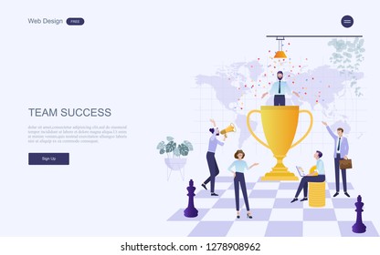 Business concept for successful business people team winner and achievement. Big trophy for businessman. Vector illustration template,web banner with people, team.