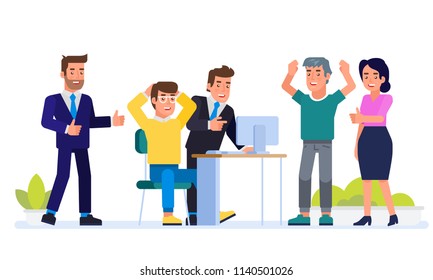 Business concept. Successful team gathering. Group of young people, startup company celebrating completed task, job, or common project, entrepreneurial venture. Vector flat illustration 