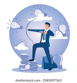 Business concept of a suited man en route to innovation and financial success. Flat vector modern illustration 