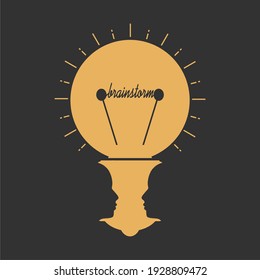 Business concept. Switch on bulb icon with brainstorm text. Optical illusion. Human head make silhouette of electric lamp