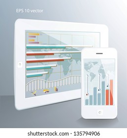 Business  concept: tablet computer and  touchscreen smartphone with stock market applications. Vector illustration.