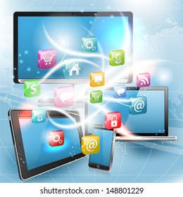 Business Concept with Tablet PC, Smartphone, Monitor, Laptop and Application icons, vector illustration