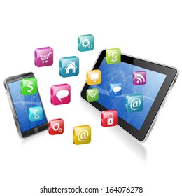 Business Concept with Tablet PC, Smartphone and Application icons, vector illustration