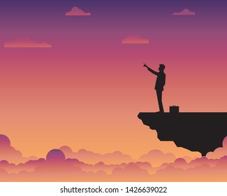Business concept target, Businessman standing on cliff with sky of sunset for background, Leader, Goal, Startup, Success, Silhouette, Vector illustration flat