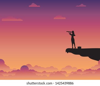 Business concept target, Businesswoman holding binocular standing on cliff, Leader, Goal, Startup, Success, Silhouette, Vector illustration flat